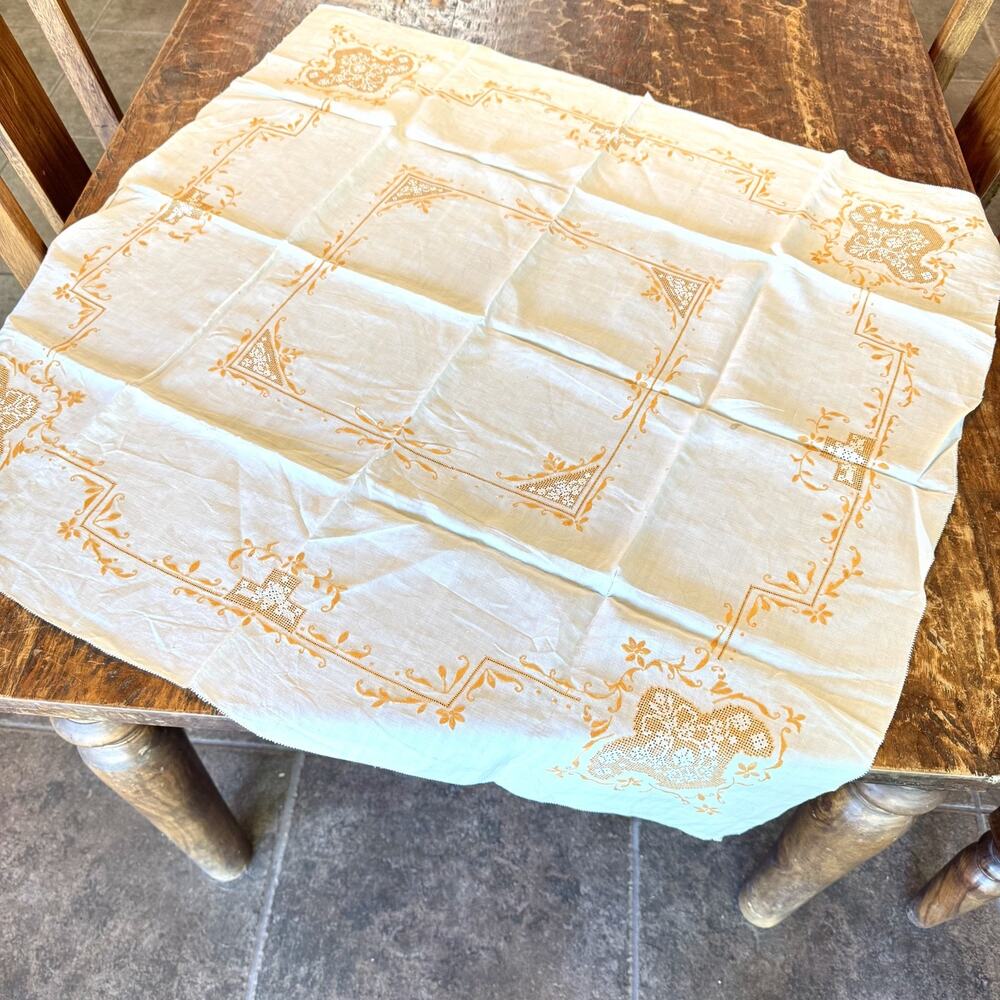 Vtg Linen Tablecloth 34x34" Square Floral Embroidered Needlework White Orange
